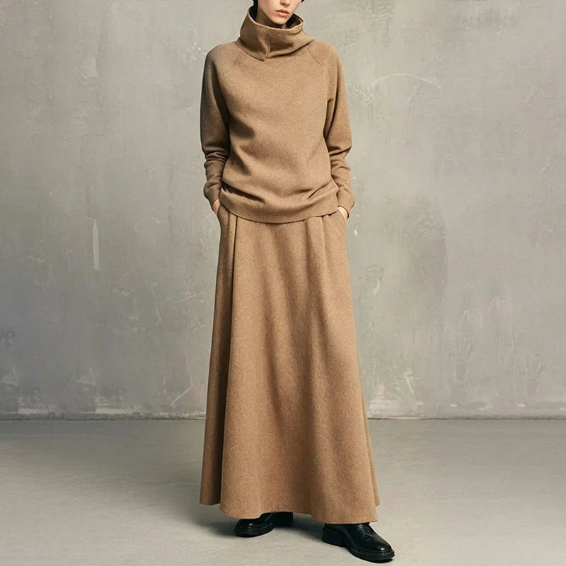 Mara | Set elegant cu pulover cu guler înalt și fustă lungă