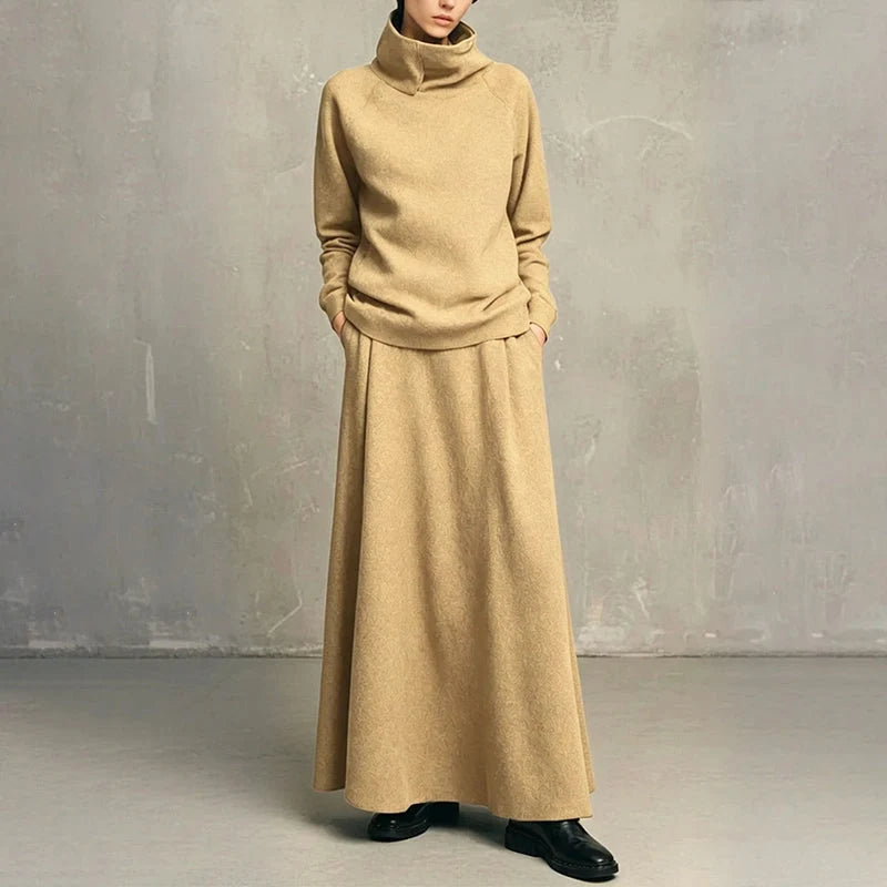 Mara | Set elegant cu pulover cu guler înalt și fustă lungă